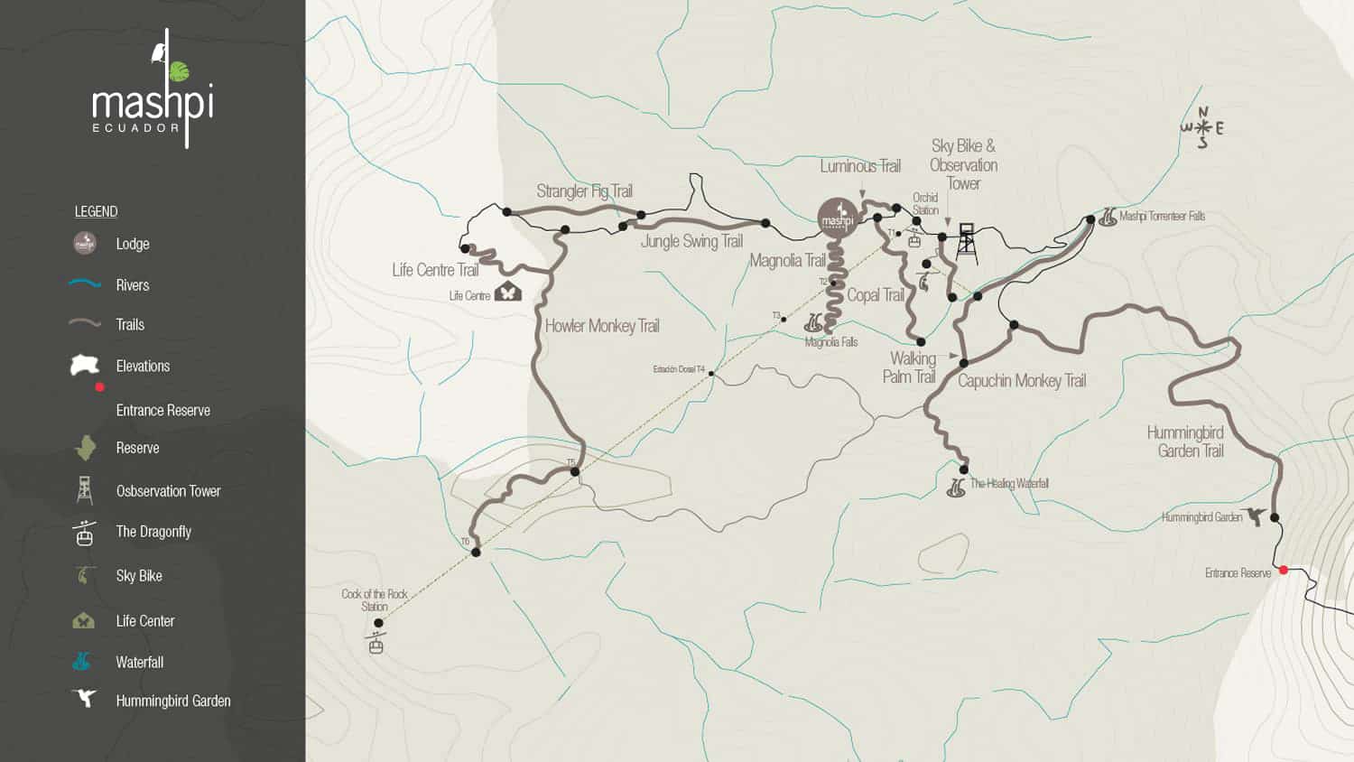 Map of Mashpi Lodge grounds, with various trails, Life Centre, waterfalls, Orchid Station, Sky Bike, Observation Tower & Hummingbird Garden.