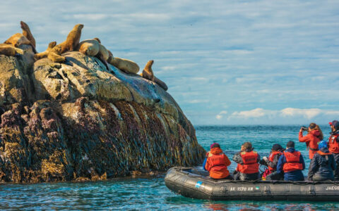 Alaska travelers sit & stand in black Zodiac boat while photographing seals atop a tall rock rising out of the water in a cloudy day.
