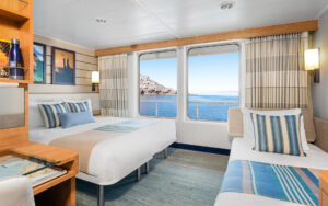 Cat 5 Cabin with large bed, desk, chair convertible sofa bed & large windows aboard National Geographic Venture expedition ship