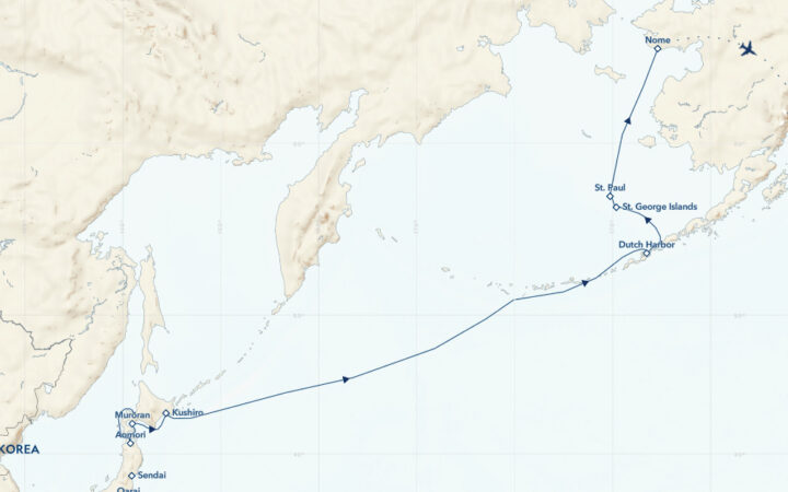 Route map of eastbound Alaska to Japan cruise, from Sapporo, Japan to Anchorage, Alaska via the Aleutian & Pribilof Islands.
