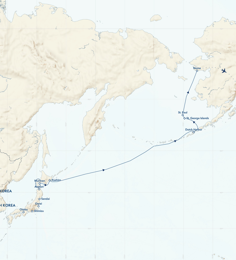 Route map of eastbound Alaska to Japan cruise, from Sapporo, Japan to Anchorage, Alaska via the Aleutian & Pribilof Islands.