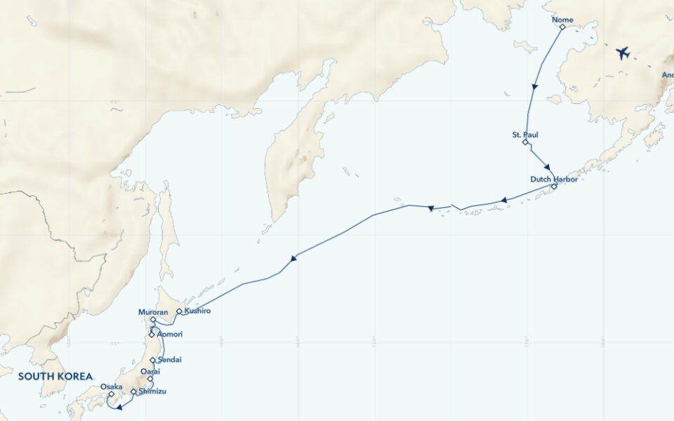 Route map of westbound Alaska to Japan cruise, from Anchorage, Alaska to Osaka, Japan via the Pribilof & Aleutian Islands plus Hokkaido.