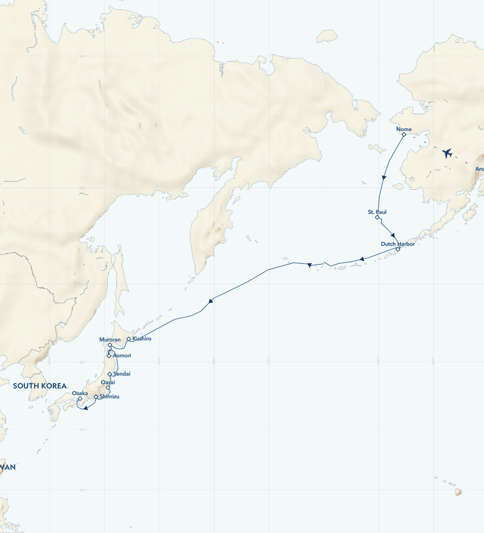 Route map of westbound Alaska to Japan cruise, from Anchorage, Alaska to Osaka, Japan via the Pribilof & Aleutian Islands plus Hokkaido.