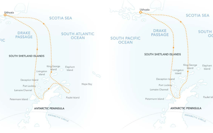 Route map of Antarctic Latitudes small ship cruise, operating round-trip from Ushuaia, Argentina, with visits to the South Shetland Islands & Antarctic Peninsula.
