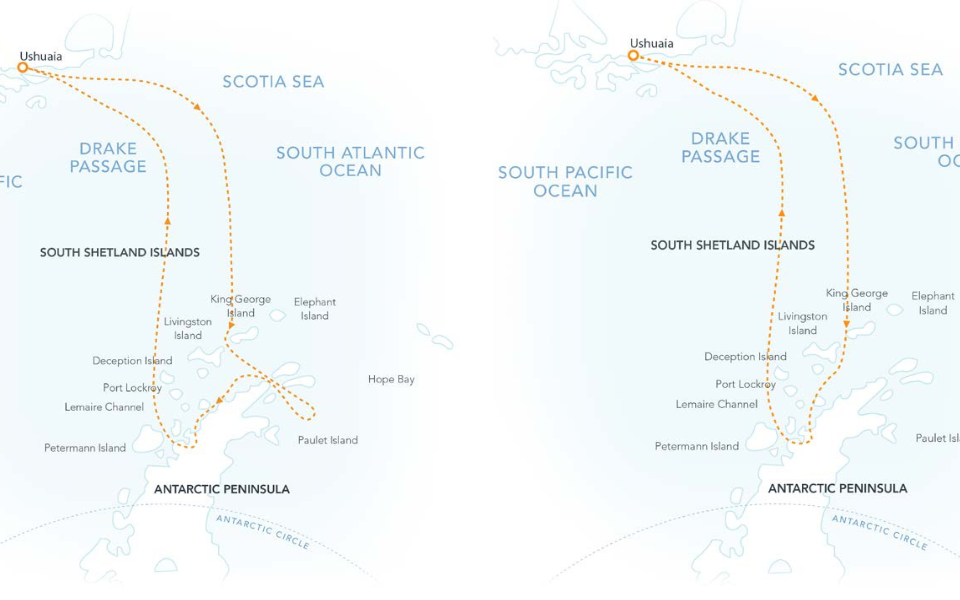 Route map of Antarctic Latitudes small ship cruise, operating round-trip from Ushuaia, Argentina, with visits to the South Shetland Islands & Antarctic Peninsula.