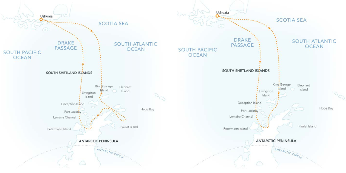 Route map of Antarctic Latitudes small ship cruise, operating round-trip from Ushuaia, Argentina, with visits to the South Shetland Islands & Antarctic Peninsula.