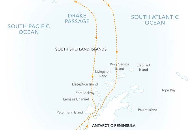 Route map of Antarctic Southern Latitudes polar expedition, operating round-trip from Ushuaia, Argentina, with visits to the South Shetland Islands, the Antarctic Peninsula & an attempt to reach the Circle.