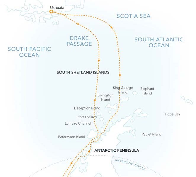 Route map of Antarctic Southern Latitudes polar expedition, operating round-trip from Ushuaia, Argentina, with visits to the South Shetland Islands, the Antarctic Peninsula & an attempt to reach the Circle.