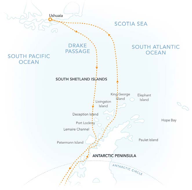 Route map of Antarctic Southern Latitudes polar expedition, operating round-trip from Ushuaia, Argentina, with visits to the South Shetland Islands, the Antarctic Peninsula & an attempt to reach the Circle.