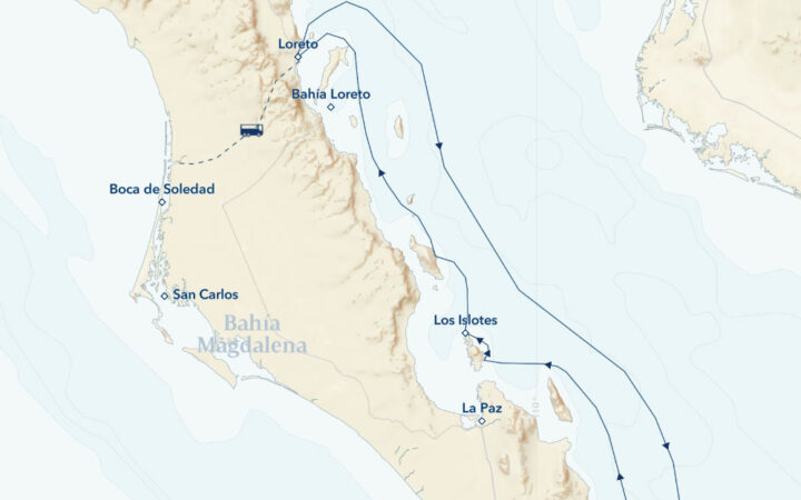 Route map of Baja California: Among the Great Whales, operating round-trip from Loreto, south to Cabo Pulmo & back with a day overland to Boca de Soledad.