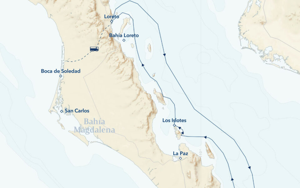 Route map of Baja California: Among the Great Whales, operating round-trip from Loreto, south to Cabo Pulmo & back with a day overland to Boca de Soledad.