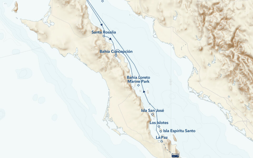 Route map of northbound Baja California Discovery cruise, operating from San Jose del Cabo overland to embark La Paz and end in Loreto.