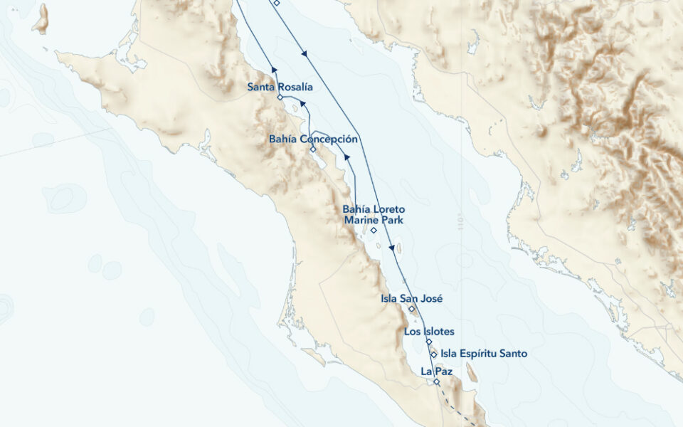 Route map of southbound Baja California Discovery cruise, embarking in Loreto and cruising to La Paz, ending with an overland transfer to San Jose del Cabo.
