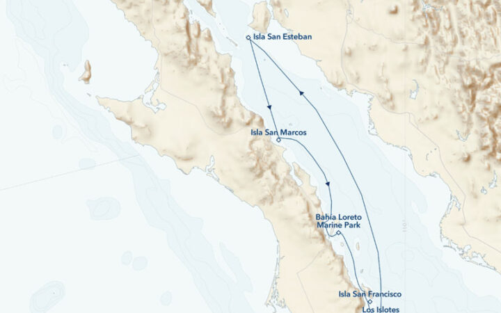 Route map of Baja California Holiday Voyage: A Living Sea & Desert Isles cruise, operating round-trip from Loreto with visits to Isla San Esteban, San Pero Martir, Isla San Marcos, Isla San Jose, Bahia Loreto Marine Park, Los Islotes & Isla San Francisco.