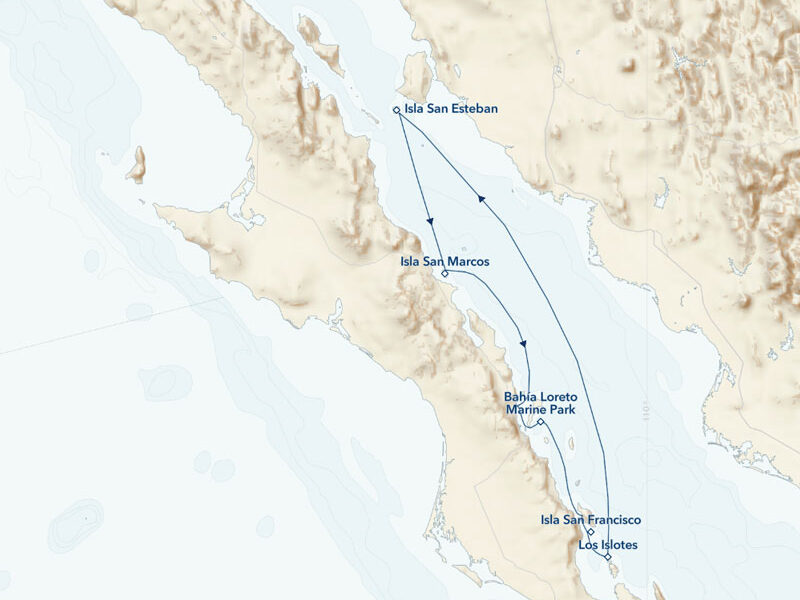 Route map of Baja California Holiday Voyage: A Living Sea & Desert Isles cruise, operating round-trip from Loreto with visits to Isla San Esteban, San Pero Martir, Isla San Marcos, Isla San Jose, Bahia Loreto Marine Park, Los Islotes & Isla San Francisco.