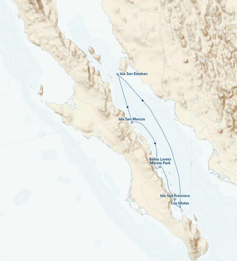Route map of Baja California Holiday Voyage: A Living Sea & Desert Isles cruise, operating round-trip from Loreto with visits to Isla San Esteban, San Pero Martir, Isla San Marcos, Isla San Jose, Bahia Loreto Marine Park, Los Islotes & Isla San Francisco.