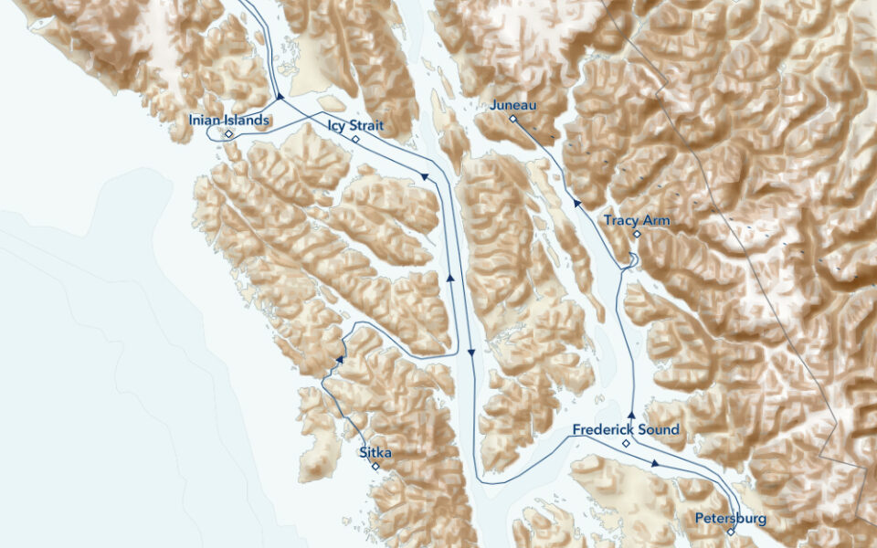 Route map of reverse, eastbound Exploring Alaska's Coastal Wilderness cruise, from Sitka to Juneau, with visits to Glacier Bay National Park & more.