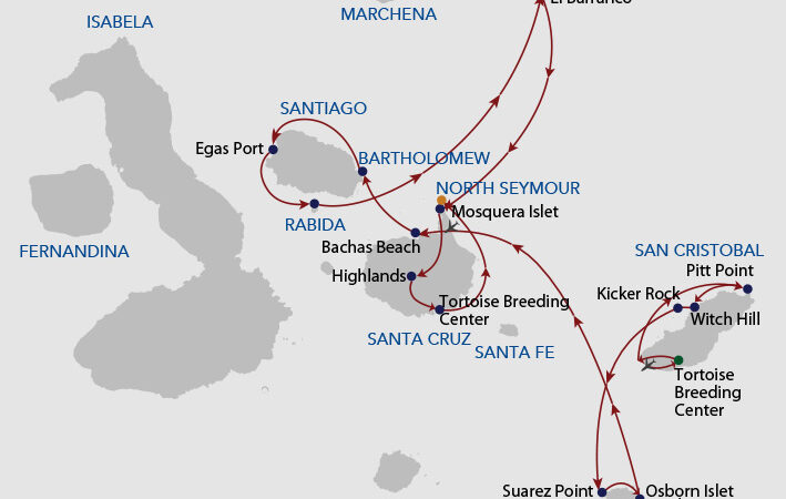 Galapagos cruise route map showing visits to Baltra, San Cristobal, Espanola, Santa Cruz, Bartolome, Santiago, Rabida, Genovesa, Mosquera Islet & North Seymour islands.