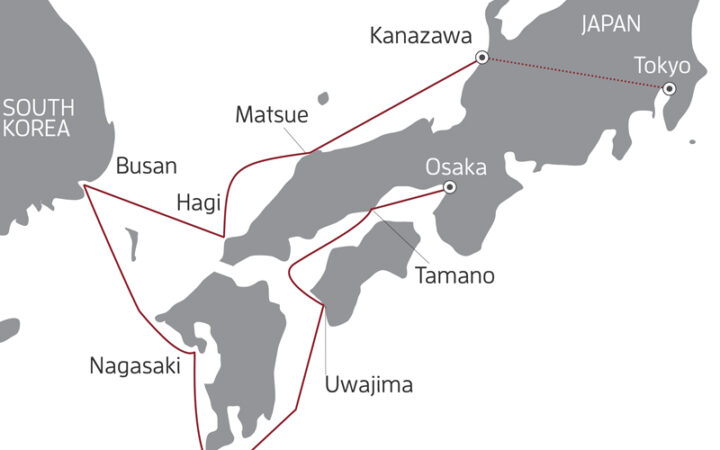 Route map of the 11-day Discover the Islands of Japan cruise from Tokyo to Osaka with visits along Honshu, Shikoku and Kyushu.