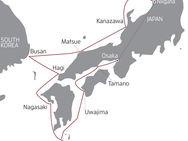 Route map of the 12-day Discover the Islands of Japan cruise, round-trip from Osaka with visits along Honshu, Shikoku and Kyushu.
