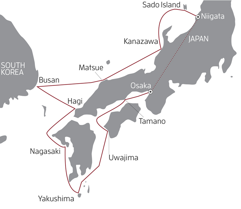 Route map of the 12-day Discover the Islands of Japan cruise, round-trip from Osaka with visits along Honshu, Shikoku and Kyushu.