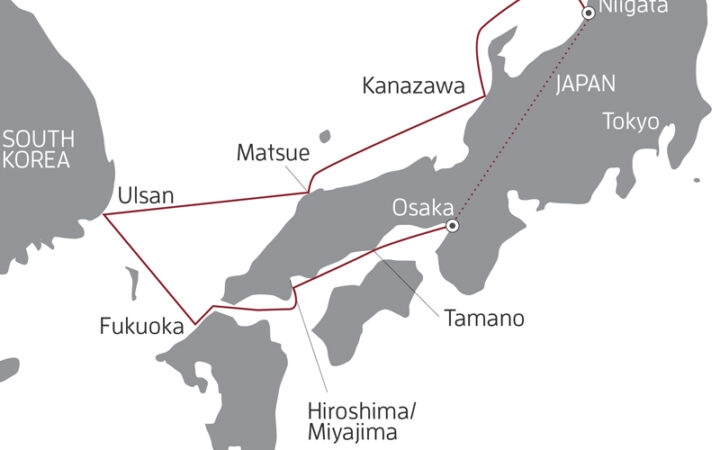 Route map of 10-day Sacred Japan & South Korea cruise, round-trip from Osaka via charter flight to embark in Niigata.