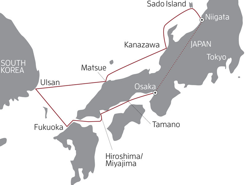Route map of 10-day Sacred Japan & South Korea cruise, round-trip from Osaka via charter flight to embark in Niigata.
