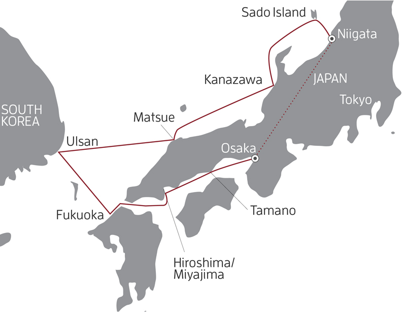 Route map of 10-day Sacred Japan & South Korea cruise, round-trip from Osaka via charter flight to embark in Niigata.