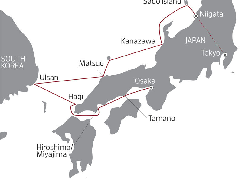Route map of 11-day Sacred Japan & South Korea cruise, from Osaka to Tokyo via bullet train after disembarking in Niigata.