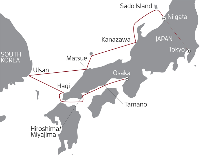 Route map of 11-day Sacred Japan & South Korea cruise, from Osaka to Tokyo via bullet train after disembarking in Niigata.