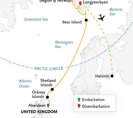 Route map of small ship cruise aboard Ultramarine showing the to and from flights, stops along the way with embarkcarion and disembarkcation