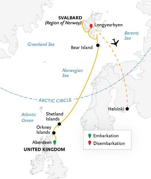 Route map of small ship cruise aboard Ultramarine showing the to and from flights, stops along the way with embarkcarion and disembarkcation