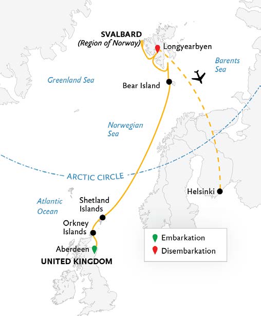 Route map of small ship cruise aboard Ultramarine showing the to and from flights, stops along the way with embarkcarion and disembarkcation
