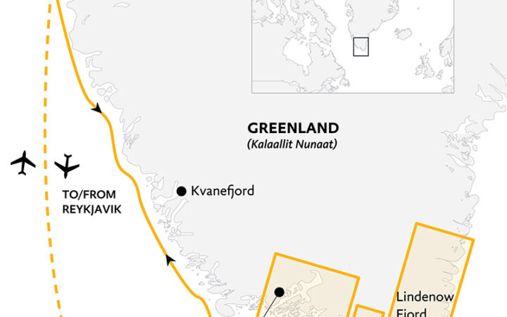 Route map of South Greenland Adventure cruise sailing round-trip from Nuuk with bookend charter flights to start & end in Reykjavik, Iceland.