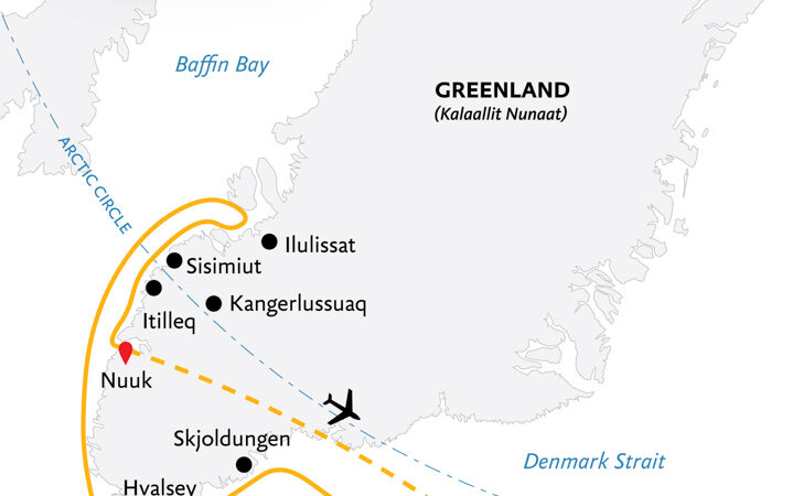 Route map of Southeast to West Greenland: Glaciers, Fjords & Viking History cruise from Reykjavik, Iceland to Nuuk, Greenland.