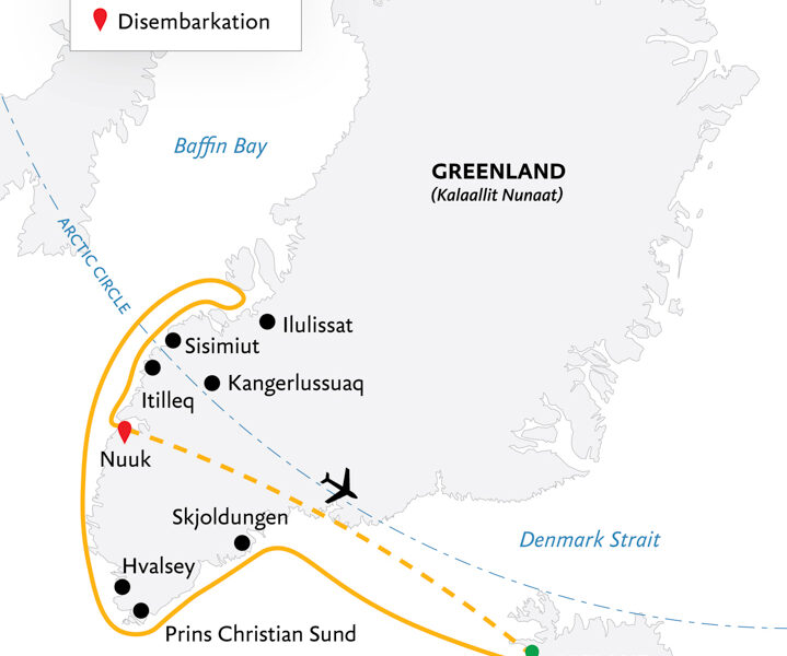 Route map of Southeast to West Greenland: Glaciers, Fjords & Viking History cruise from Reykjavik, Iceland to Nuuk, Greenland.