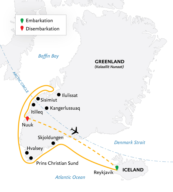 Route map of Southeast to West Greenland: Glaciers, Fjords & Viking History cruise from Reykjavik, Iceland to Nuuk, Greenland.