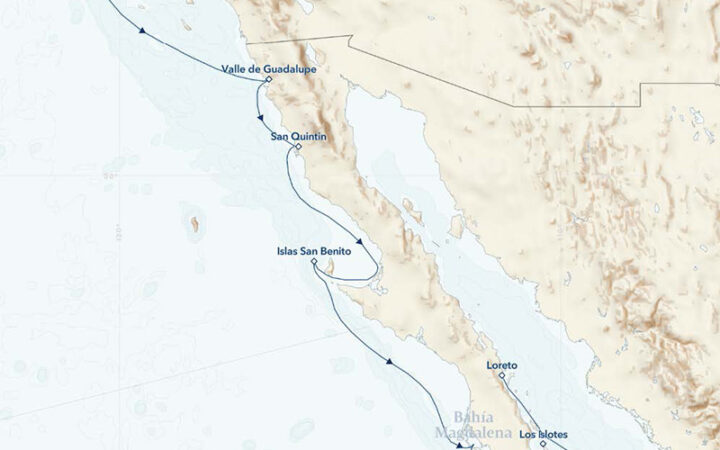 A Southern Migration: From The Channel Islands to Baja California cruise route map, operating from Los Angeles, California, to La Paz, Baja California Sur, Mexico, with visits to Channel Islands National Park, Ensenada, Magdalena Bay & more.