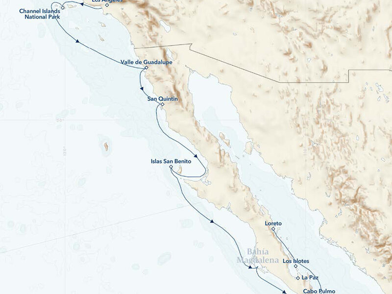 A Southern Migration: From The Channel Islands to Baja California cruise route map, operating from Los Angeles, California, to La Paz, Baja California Sur, Mexico, with visits to Channel Islands National Park, Ensenada, Magdalena Bay & more.