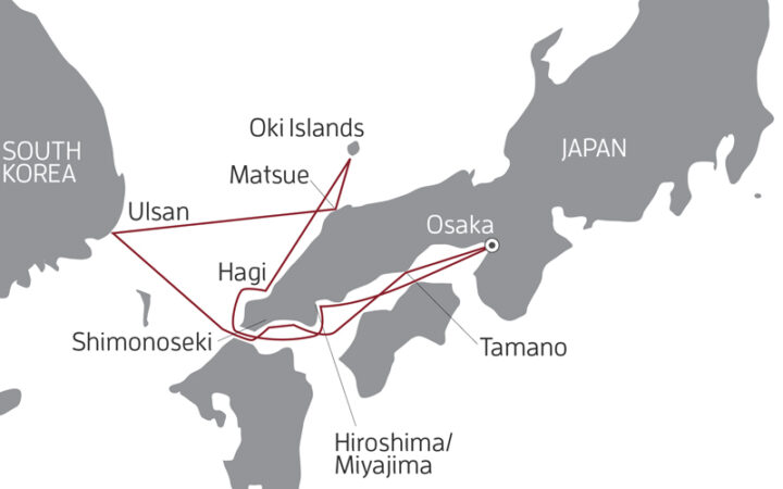 Route map of Springtime Splendor in Japan cruise, round-trip from Osaka with visits along Honshu & Ulsan, South Korea.