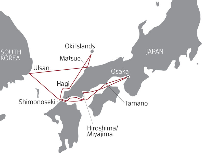 Route map of Springtime Splendor in Japan cruise, round-trip from Osaka with visits along Honshu & Ulsan, South Korea.