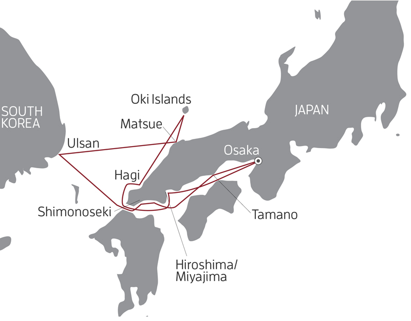 Route map of Springtime Splendor in Japan cruise, round-trip from Osaka with visits along Honshu & Ulsan, South Korea.