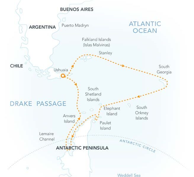 route map of ultimate new years falkland south Georgia Antarctica circle cruise aboard small ship cruise
