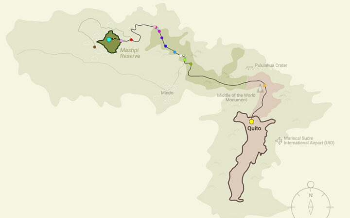 tan route map of the road to mashpi lodge for travelers to understand how to get there after arrving in Edcador