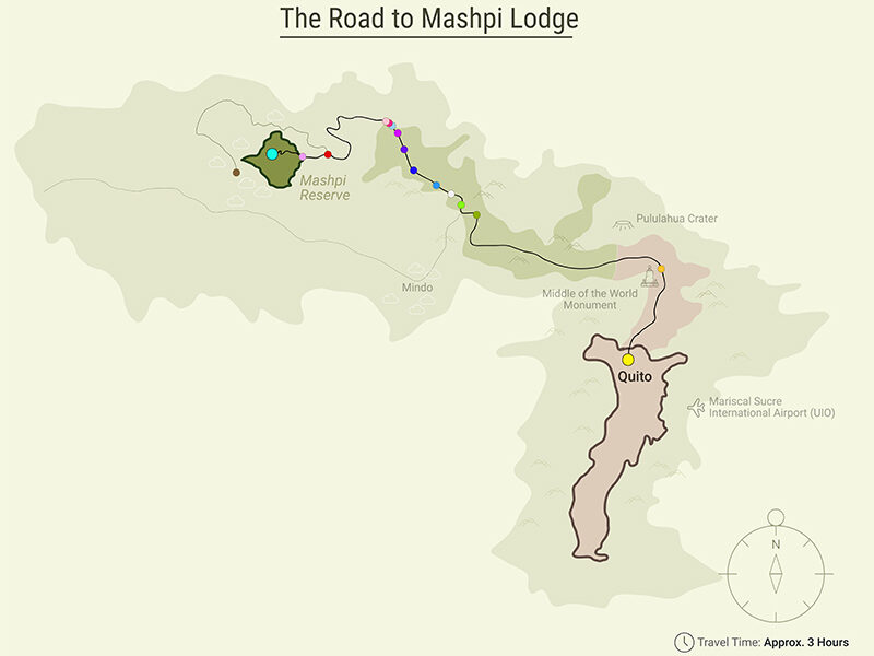 tan route map of the road to mashpi lodge for travelers to understand how to get there after arrving in Edcador