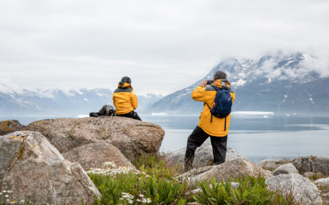 Hikers in bug nets and yellow jackets taking photographs of a sweeping landscape with snow-capped mountains and a fjord in Greenland.