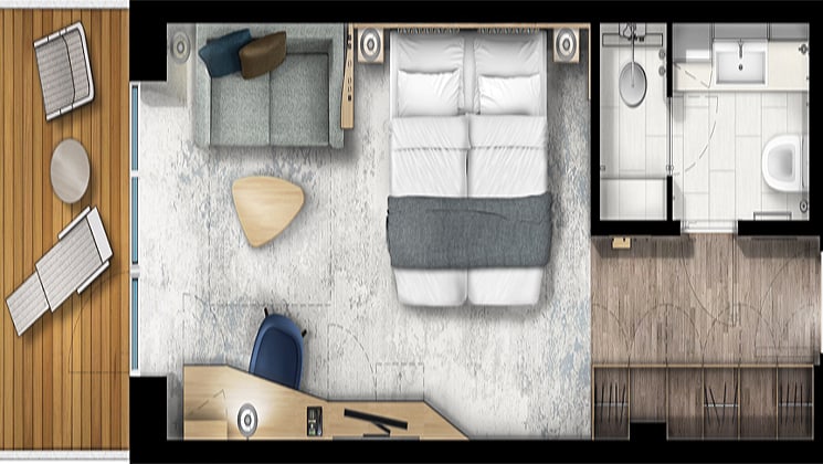 Rendering of the Balcony Suite cabin aboard Ultramarine