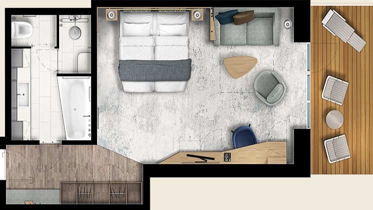 Rendering of the Deluxe Balcony Suite cabin aboard Ultramarine