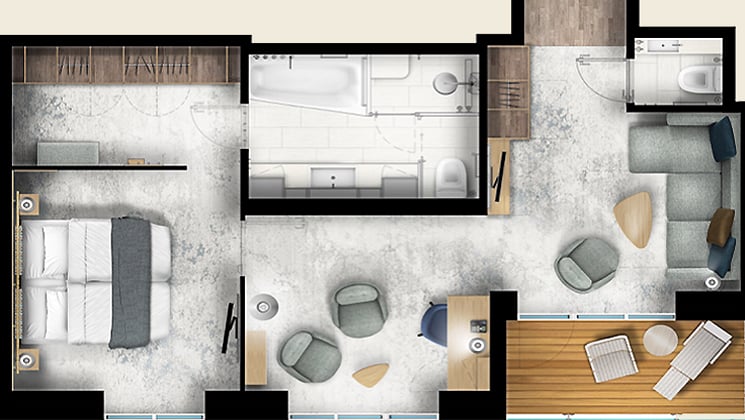 Rendering of the Owners Suite cabin aboard Ultramarine