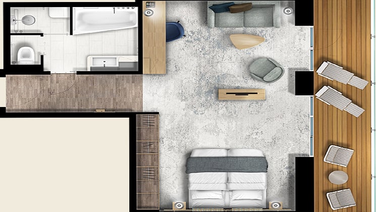 Rendering of the Terrace Suite cabin aboard Ultramarine